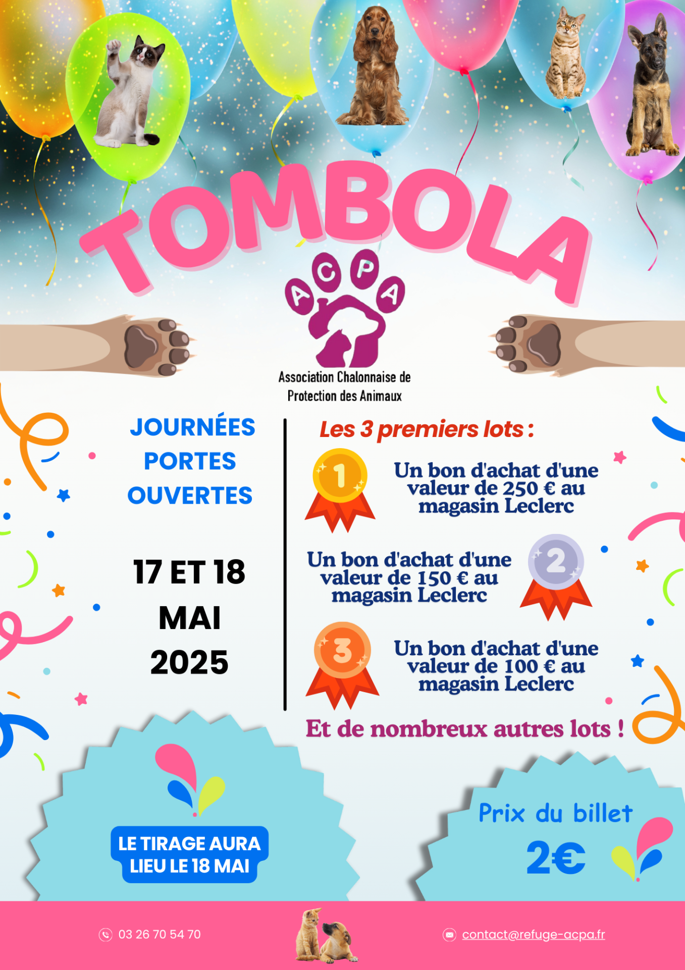 Affiche tombola 17 et 18 mai 2025 refuge acpa